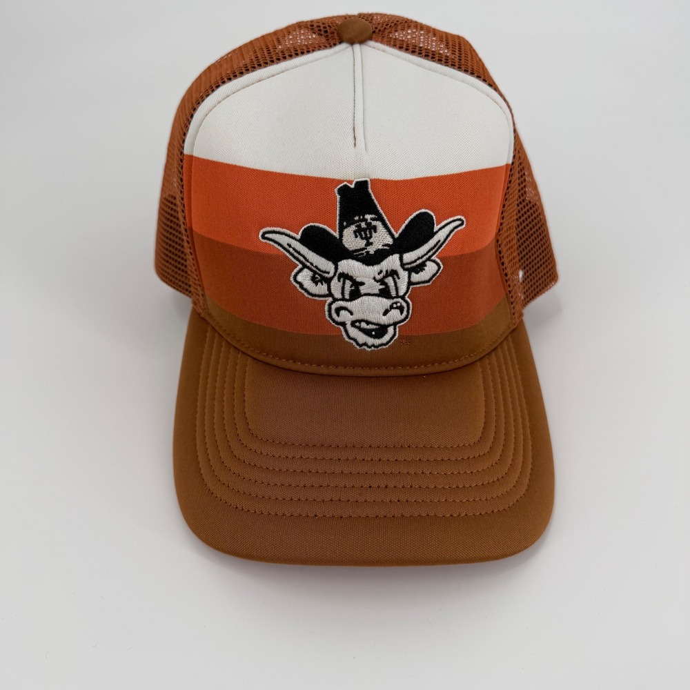 47 Brand Texas Longhorns Trucker Hat Brown Orange Striped Bevo Mascot Snapback